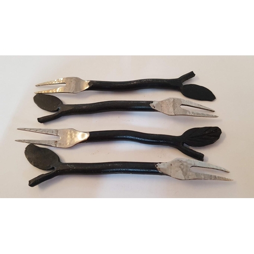 389 - Hand Made Snack Forks. White Metal , Hammer Finished and Heavy Black Finished Handles. ( x4 )