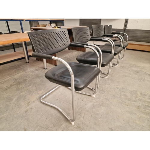 397 - Set of 4 x Office Chairs with Arms; Chrome Colour with Black Vinyl Padded Seat and Plastic Back Rest... 