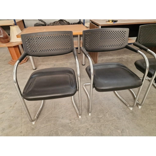 397 - Set of 4 x Office Chairs with Arms; Chrome Colour with Black Vinyl Padded Seat and Plastic Back Rest... 