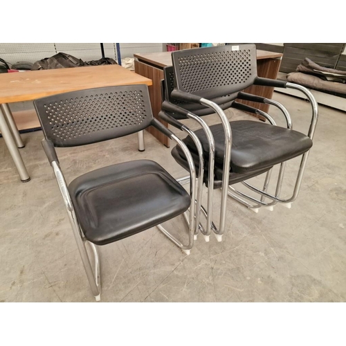 397 - Set of 4 x Office Chairs with Arms; Chrome Colour with Black Vinyl Padded Seat and Plastic Back Rest... 