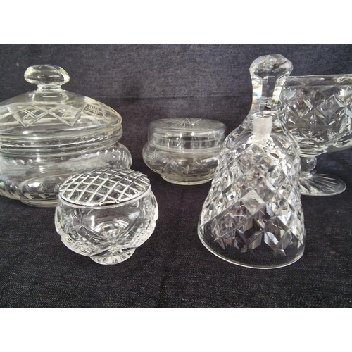 1047R - Collection of Crystal Items; Bell, Lidded Sweet Dish, Pedestal Bowl, Jug, Flower Posey, Candlestick ... 