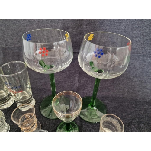 1056R - Collection of Glassware; Pair of Long Green Stem Wine Glasses with Floral Decoration, Various Shots ... 