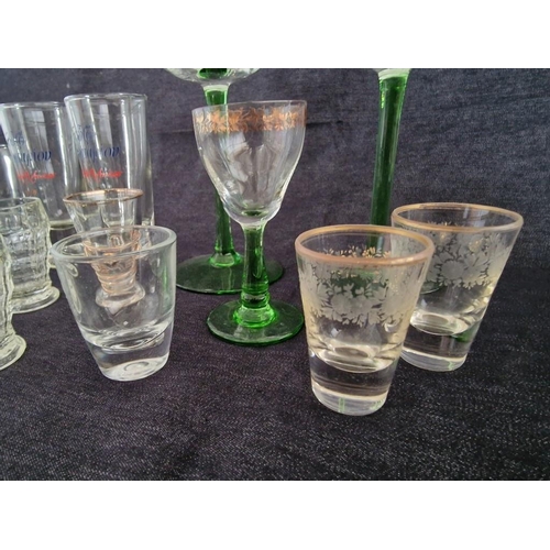 1056R - Collection of Glassware; Pair of Long Green Stem Wine Glasses with Floral Decoration, Various Shots ... 