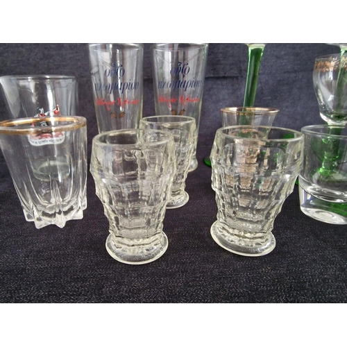 1056R - Collection of Glassware; Pair of Long Green Stem Wine Glasses with Floral Decoration, Various Shots ... 