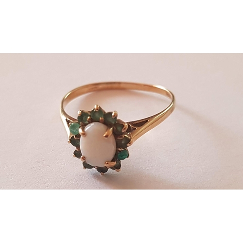 127 - 9ct. Yellow Gold Ring with Oval Opal and 12x Small Green Stones (English Hallmark 375), (Approx. 1.5... 