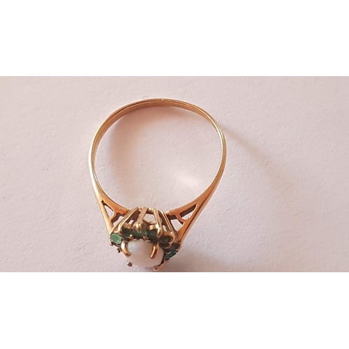 127 - 9ct. Yellow Gold Ring with Oval Opal and 12x Small Green Stones (English Hallmark 375), (Approx. 1.5... 