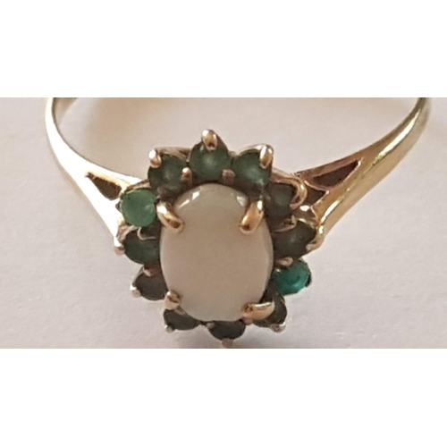 127 - 9ct. Yellow Gold Ring with Oval Opal and 12x Small Green Stones (English Hallmark 375), (Approx. 1.5... 