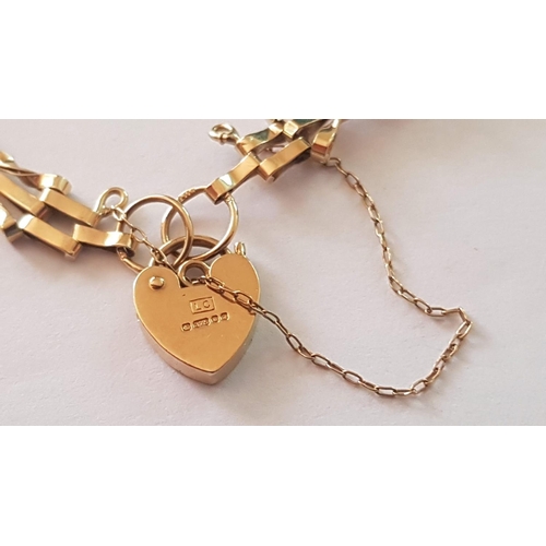 128 - Yellow Gold 9ct (Hallmark 375) '3-Bar Gate' Bracelet with Heart Clasp and Safe Chain, (Approx. 5.1g)