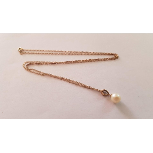 129 - 9ct Yellow Gold Single Pearl Pendant on 9ct Necklace, (Approx. 1.3g)