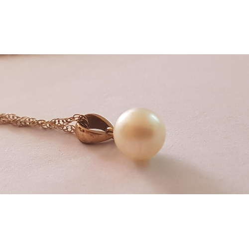 129 - 9ct Yellow Gold Single Pearl Pendant on 9ct Necklace, (Approx. 1.3g)