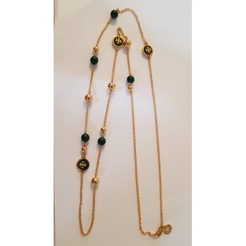 199 - 'Tory Burch' Jewelry; 2 x Gold Tone Logo Tory Burch Necklaces in Green and White, Decorated with Gre... 