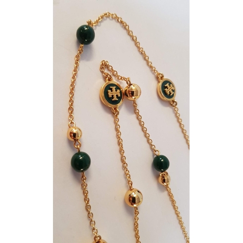 199 - 'Tory Burch' Jewelry; 2 x Gold Tone Logo Tory Burch Necklaces in Green and White, Decorated with Gre... 