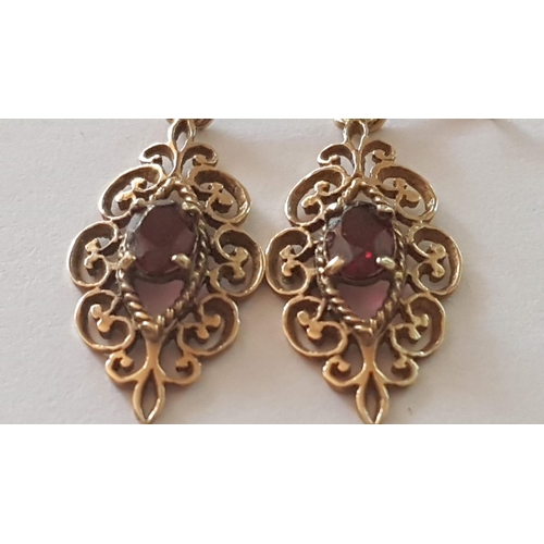 228 - 9ct Yellow Gold Filigree Dangling Earrings with Purple Stones (Believed Amethyst), Approx. 2.3g