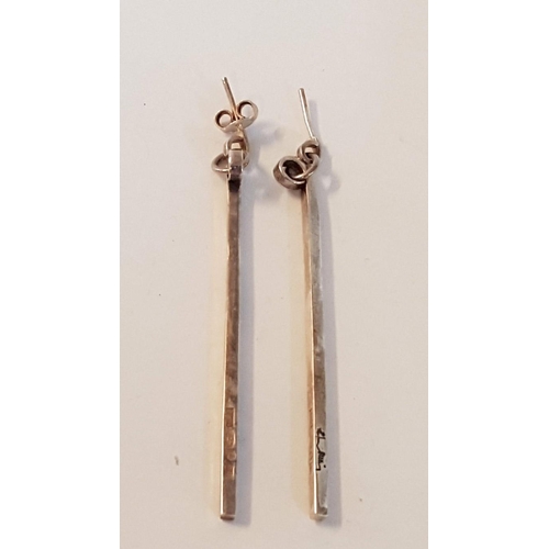 232 - Pair of 925 Silver Long Bar Dangle Earrings, Signed by Designer. (Approx. 9g, L:6cm).