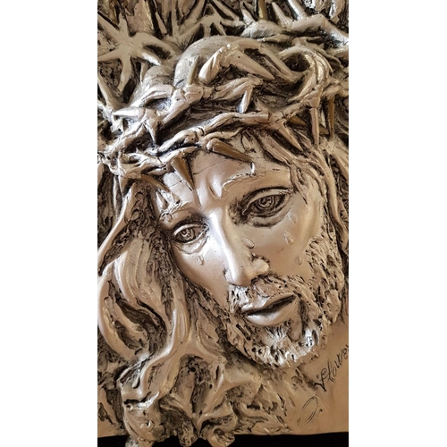 238 - 'Jesus Crown of Thorns', Artistic Creation of Jesus Face, Silver(?) 3D Relief Picture in Decorative ... 