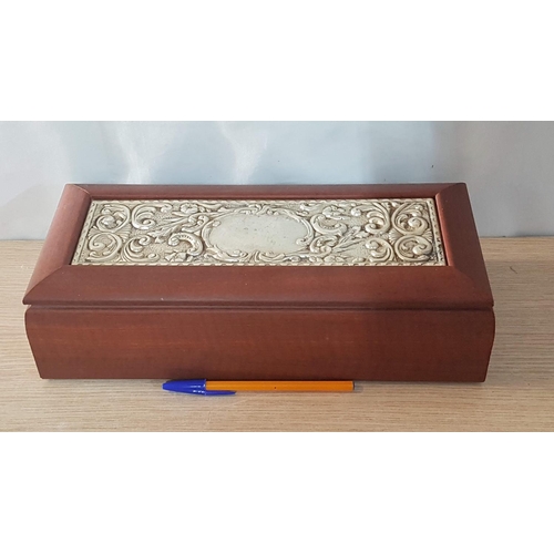 303 - 'Tea Box' Solid Wood with White Metal Embossed Floral Pattern Decor (34cm x 15cm x 9.5cm).