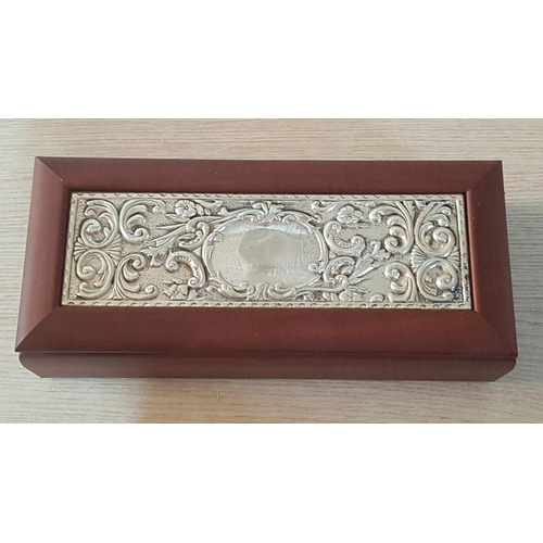 303 - 'Tea Box' Solid Wood with White Metal Embossed Floral Pattern Decor (34cm x 15cm x 9.5cm).