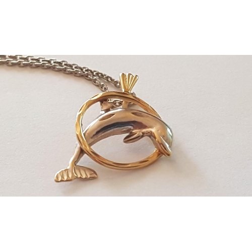 312 - White/Yellow Gold (14ct) Dolphin Pendant, Approx. 2.4g on White Gold Chain (9ct-tested x-ray), L:54c... 