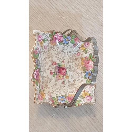 418 - Vintage Square Porcelain Bon-Bon Dish with Metal Handle and Floral Pattern, 'Balmoral' James Kent Lt... 