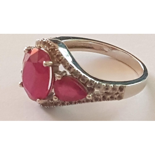 421 - 925 Silver Large Decorative Ring with 3-Large Pink Stones (1 x Oval and 2 x Pear Cut) and Small Clea... 