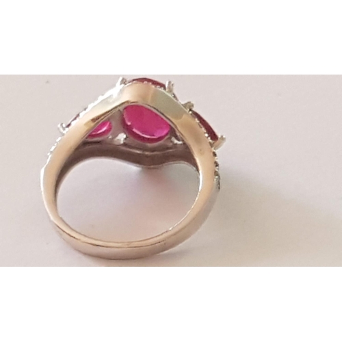 421 - 925 Silver Large Decorative Ring with 3-Large Pink Stones (1 x Oval and 2 x Pear Cut) and Small Clea... 