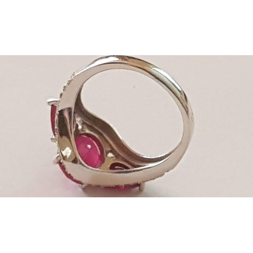 421 - 925 Silver Large Decorative Ring with 3-Large Pink Stones (1 x Oval and 2 x Pear Cut) and Small Clea... 