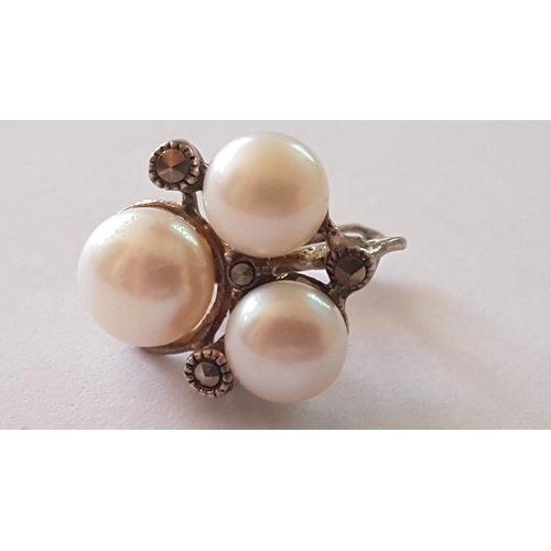 422 - Pair of Silver (.925) Tri-Pearl Earrings with Marcasite Stones and Old Style Safe Clasp. (Approx. 8.... 