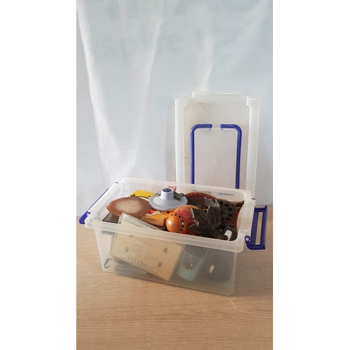 449 - Large Plastic Container with Lid and Large Collection of Assorted Items (Ornaments, Small Fan, Retro... 