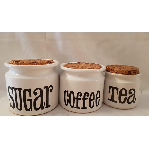 49 - Set of 3 x White Ceramic Kitchen Containers with Cork Lids, (Sugar Ø: 14.5cm H: 13.5cm, Coffee Ø: 13... 