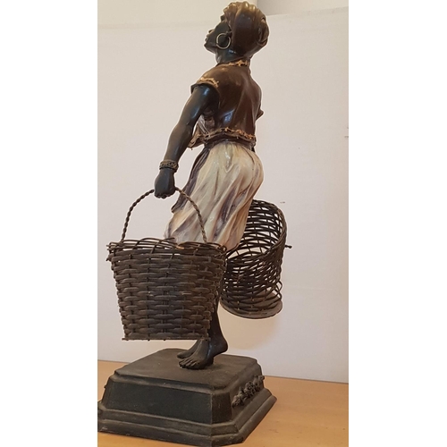 65 - Vintage Rare Statue of Blackamoor with Wicker Baskets, Perhaps 50s, H: 63cm, A/F (Wicker Basket a/f)... 