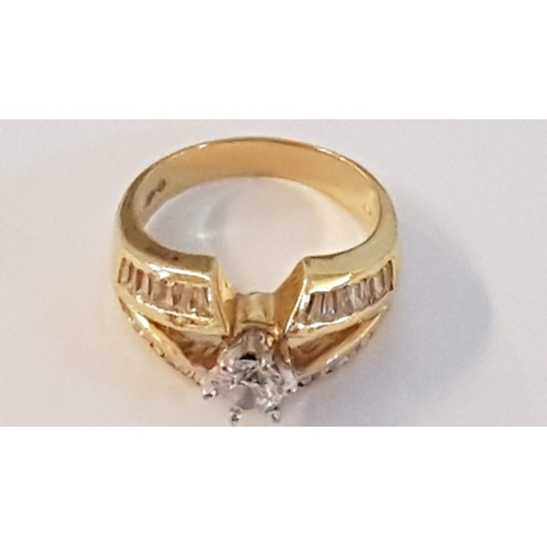 282 - 18ct Gold Ring with Large Raised Round Cut Clear Stone and Baguette Cut Clear Stone Shoulders, (Appr... 