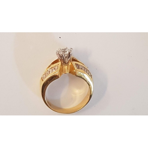 282 - 18ct Gold Ring with Large Raised Round Cut Clear Stone and Baguette Cut Clear Stone Shoulders, (Appr... 