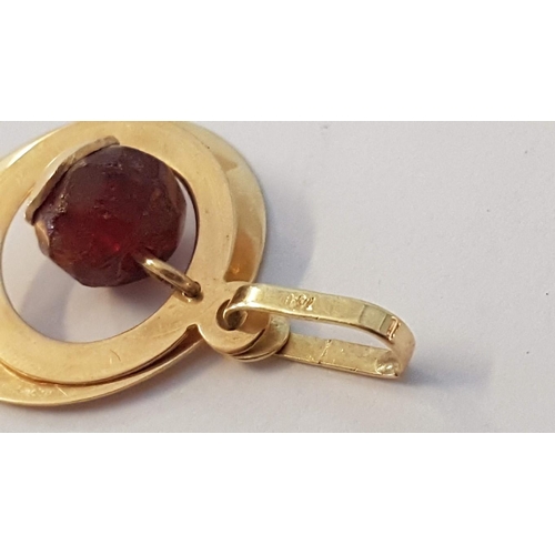 57 - 18ct Gold Round Pendant; 2 x Layered Circles with Hanging Red Colour Stone, (Approx. ø: 24mm, 3.5g)