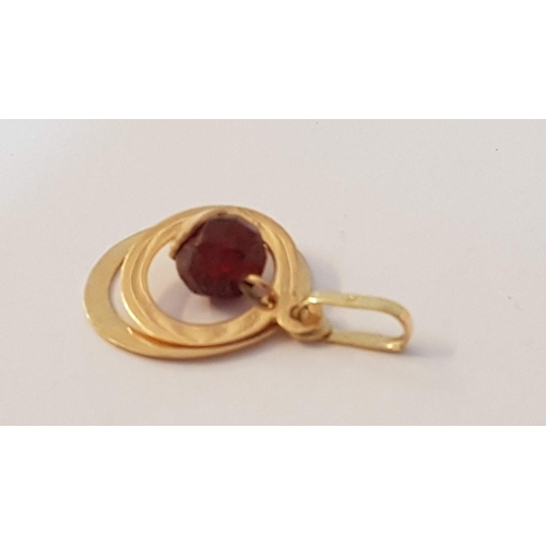 57 - 18ct Gold Round Pendant; 2 x Layered Circles with Hanging Red Colour Stone, (Approx. ø: 24mm, 3.5g)