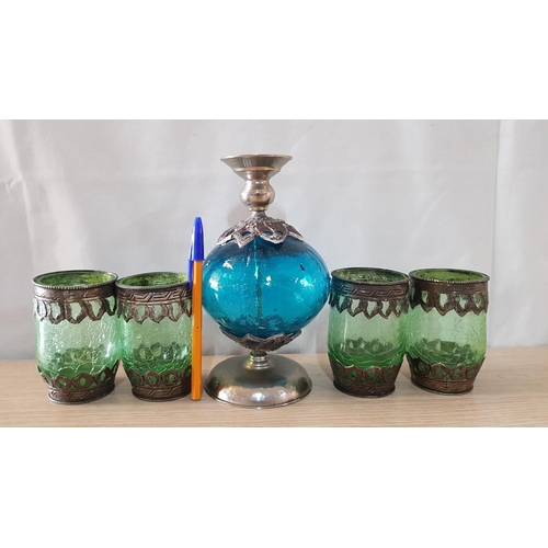 162 - Oriental Style, Art Metal/Glass, Hand Made Candle Holders, Blue Glass Candle Stick (20cm) and 4x Gre... 