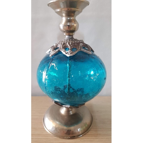 162 - Oriental Style, Art Metal/Glass, Hand Made Candle Holders, Blue Glass Candle Stick (20cm) and 4x Gre... 