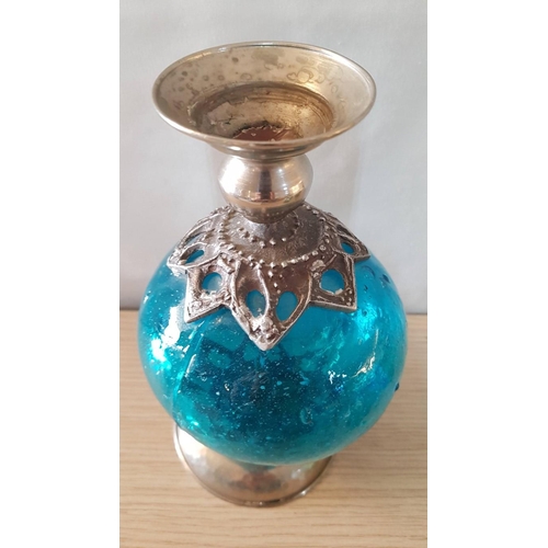 162 - Oriental Style, Art Metal/Glass, Hand Made Candle Holders, Blue Glass Candle Stick (20cm) and 4x Gre... 