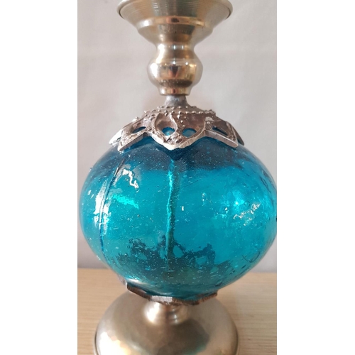 162 - Oriental Style, Art Metal/Glass, Hand Made Candle Holders, Blue Glass Candle Stick (20cm) and 4x Gre... 