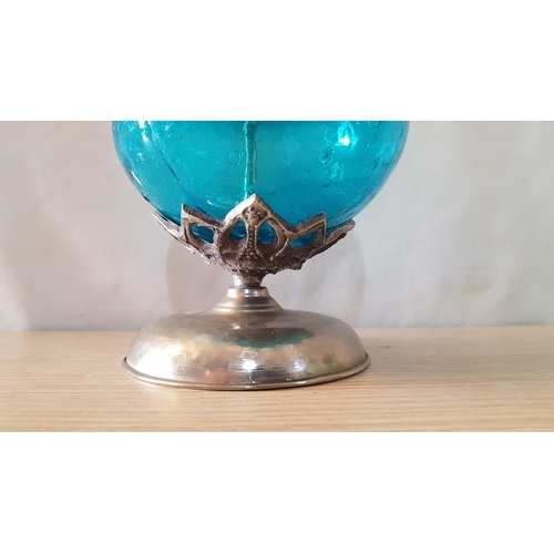 162 - Oriental Style, Art Metal/Glass, Hand Made Candle Holders, Blue Glass Candle Stick (20cm) and 4x Gre... 