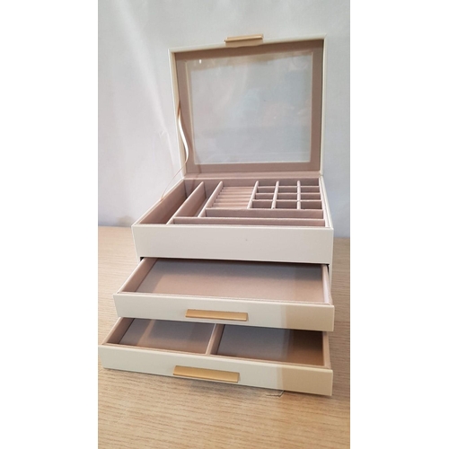 163 - Large Beige Leather Effect Square Jewelry Box, (Approx. 23cm x 20cm x 13.5cm), Looks Unused.