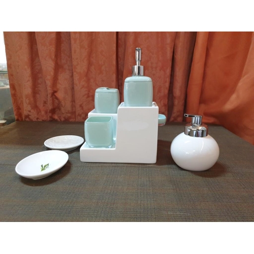 342 - Four Piece Bathroom Accessory Set Plus Extra Soap Dishes And Soap Dispenser