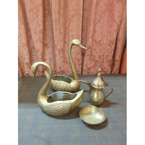 356 - Two Heavy Brass Swans (1.4kg each), Plus 1 x Brass Arabic Style Coffee Pot (400grams) and 1 x Brass ... 