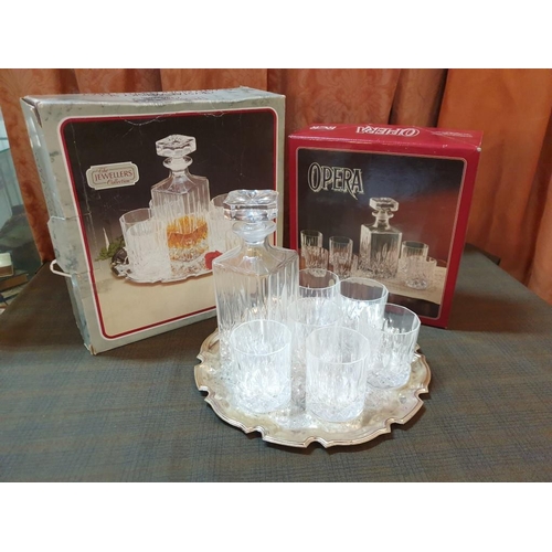 424 - The Jewelers Collection; Crystal Whiskey Decanter and 6 Glasses with Silver Plated Tray