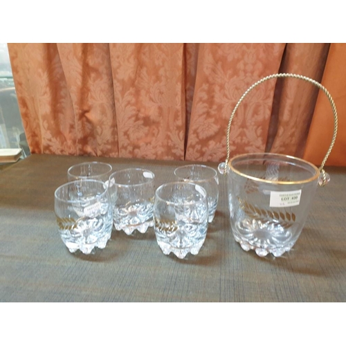 430 - Small Retro Glass Ice Bucket and 5 x Water Glasses with Gold Tone Pattern