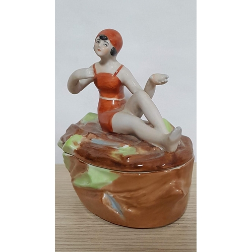 41 - Art Deco German 'Bathing Belle' Trinket Box, (Approx. 14cm x 13.4cm x 8.5cm).