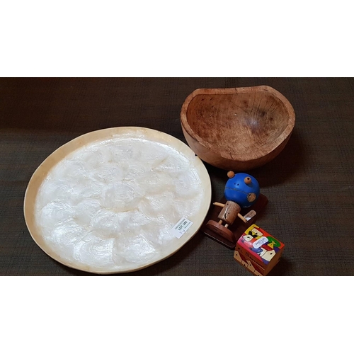 355 - Large Mother of Pearl Plate Plus 1 x Wooden Bowl and 2 x Small Wood Ornaments