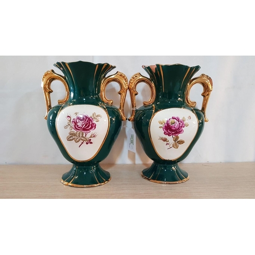 456 - Retro Style Ceramic Pair of Decorative Vases, Green, Floral Pattern, H: 25cm Each, Gold Rim, A/F- Ch... 