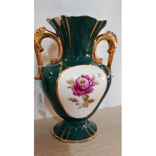 456 - Retro Style Ceramic Pair of Decorative Vases, Green, Floral Pattern, H: 25cm Each, Gold Rim, A/F- Ch... 