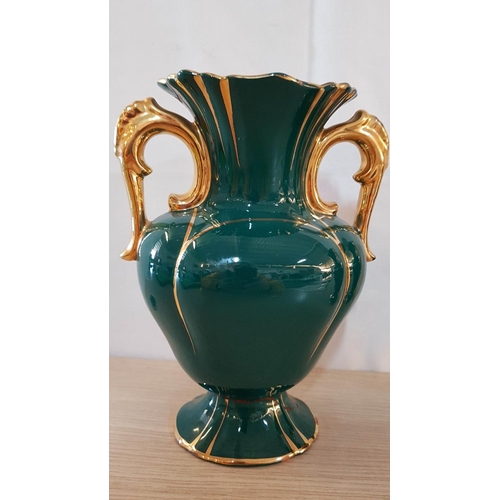 456 - Retro Style Ceramic Pair of Decorative Vases, Green, Floral Pattern, H: 25cm Each, Gold Rim, A/F- Ch... 