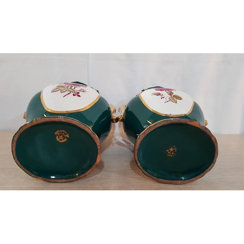 456 - Retro Style Ceramic Pair of Decorative Vases, Green, Floral Pattern, H: 25cm Each, Gold Rim, A/F- Ch... 